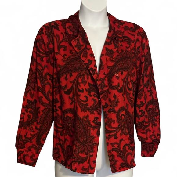 Vintage 90s Rena Rowan for Saville Blouse Size 12 Red Black Paisley Office Chic - Picture 3 of 9